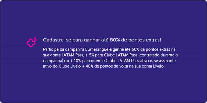 Bumerangue Livelo e Latam PASS oferece até 133% de bônus